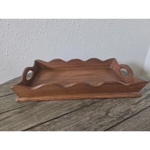 Vintage Wood Serving Tray 15" Scalloped Cutout Handles Rustic Farmhouse Decor